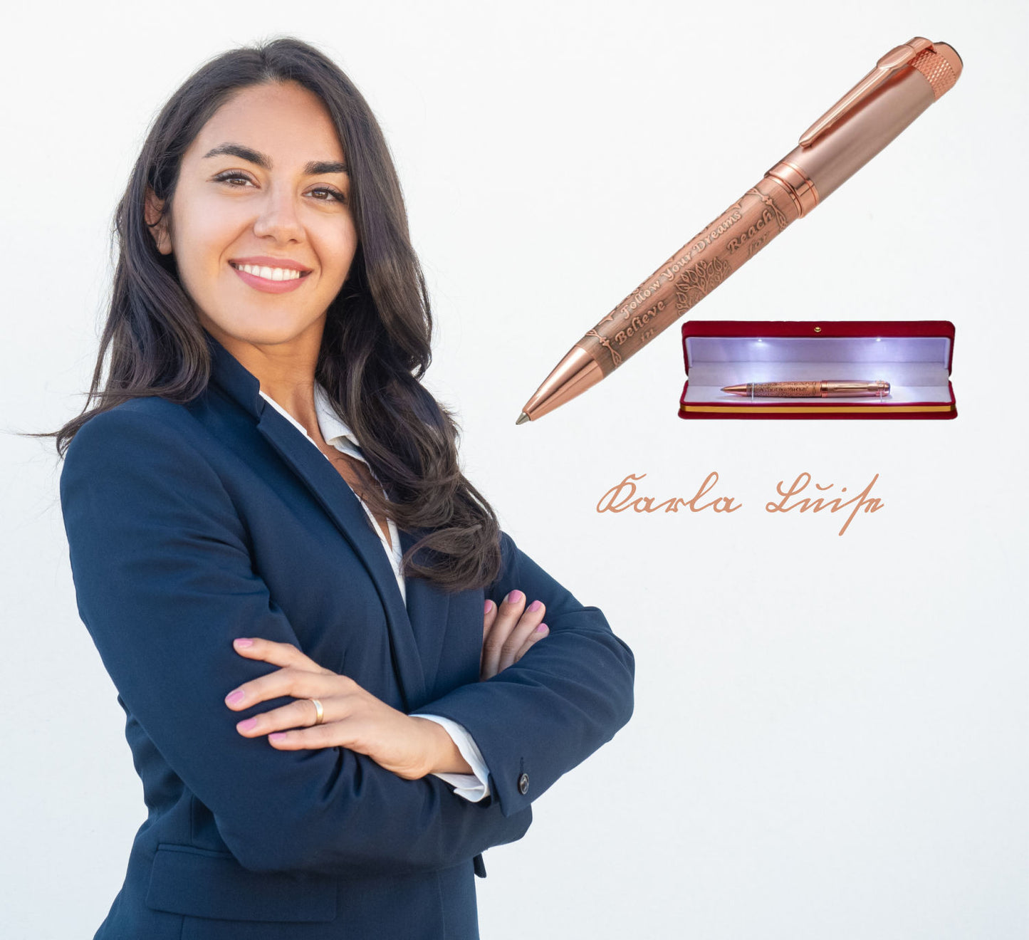 Luxury Ball Point Pen with LED Gift Box - The Perfect Elegance Gift (Golden Rose)